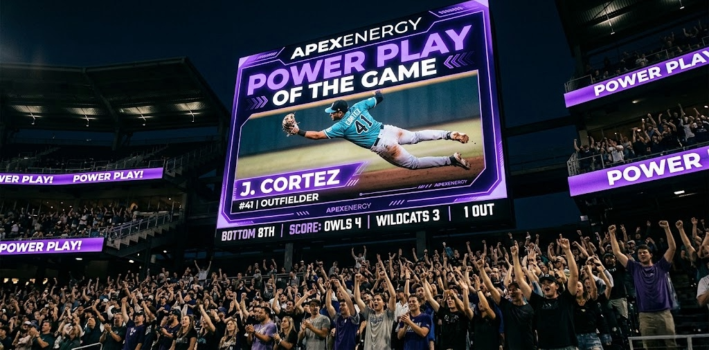 A low-angle commercial photo looking up at a massive college baseball stadium scoreboard at night. The screen displays a dynamic sponsorship graphic reading "APEXENERGY POWER PLAY OF THE GAME" with violet accents. Below the text is an anonymous outfielder, J. Cortez, #41, making a spectacular catch. Thousands of cheering fans in the student section below are illuminated by the screen’s dramatic violet glow, visualizing a powerful shared experience and unified venue atmosphere.