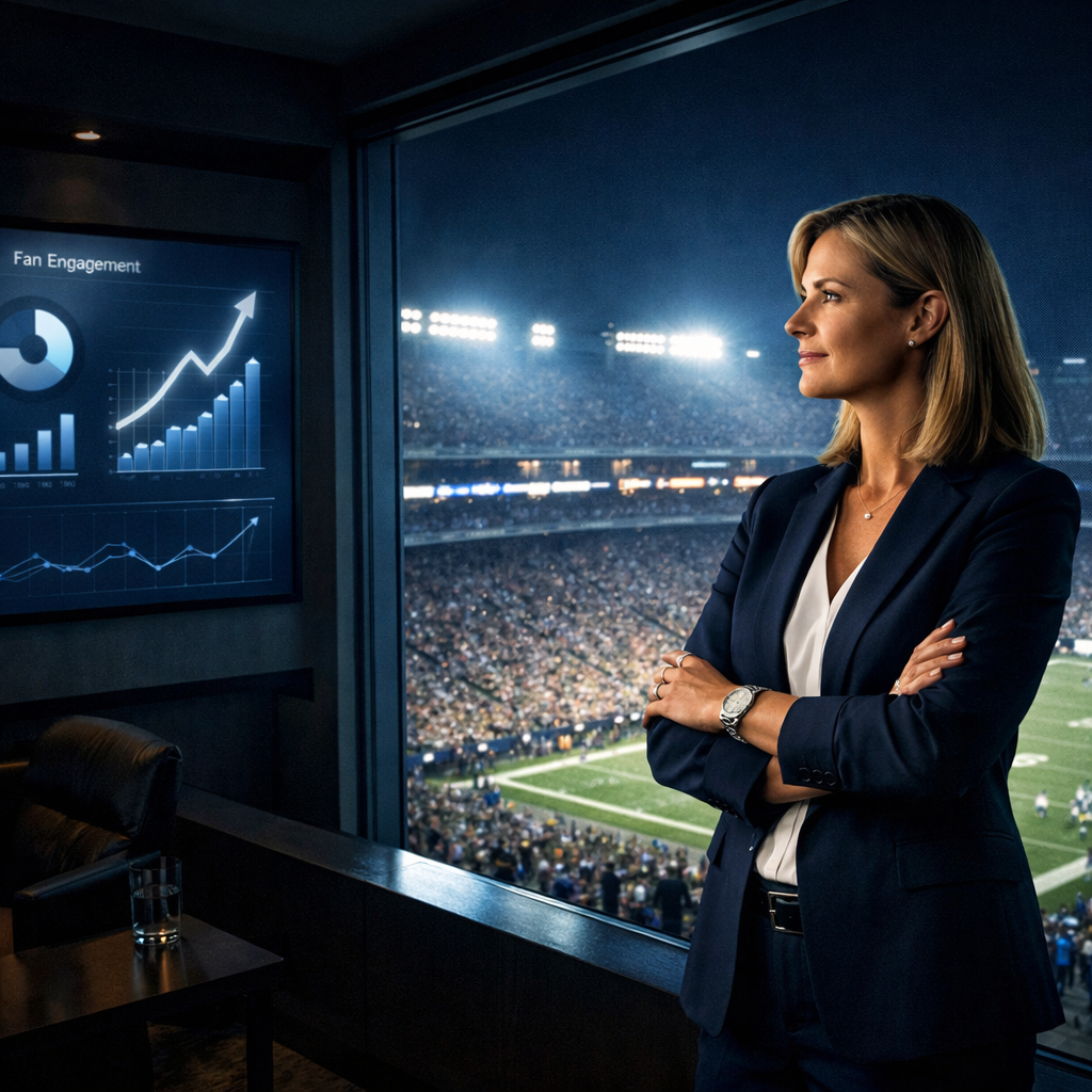 A modern female sports executive stands in a dimly lit, high-end suite, contemplating a packed football stadium at night through a large window. The vibrant stadium lights illuminate the scene. Behind her, a large wall screen displays glowing charts and data visualizations, symbolizing the data-driven strategy and improved ROI discussed in the article about sports sponsorship. The atmosphere is professional, strategic, and forward-thinking.