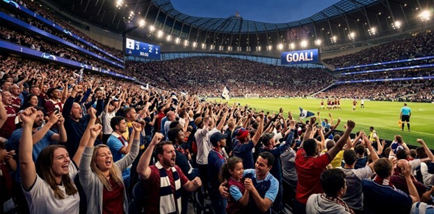 A wide, energetic photo of a large and diverse crowd in a sports stadium cheering in unison. The scene highlights the power of shared fan experiences and collective energy under dramatic stadium lighting.