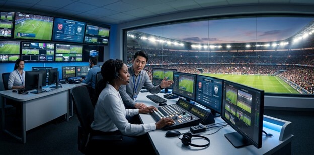 A wide, polished photo of a state-of-the-art stadium control room. A diverse team, a Black woman and an Asian man, are focused on their consoles. Behind them, a large window reveals a brightly lit soccer field at dusk. A wall of interconnected screens shows a cohesive display of live game action and data, illustrating the concept of a unified and efficient venue technology platform.