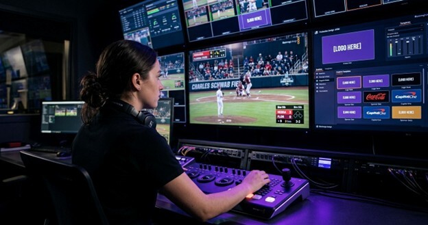 From a behind-the-shoulder perspective, a female operator sits at a complex control console in a dark venue production room. She faces a wall of large video screens showing a live college baseball game at night. Smaller monitors display graphics templates and data, with user interface elements glowing in blue and deep purple. The vibrant light from the screens illuminates her face and hands as she works, creating a focused and high-tech atmosphere. The scene is candid, capturing a moment of intense concentration during a live event.