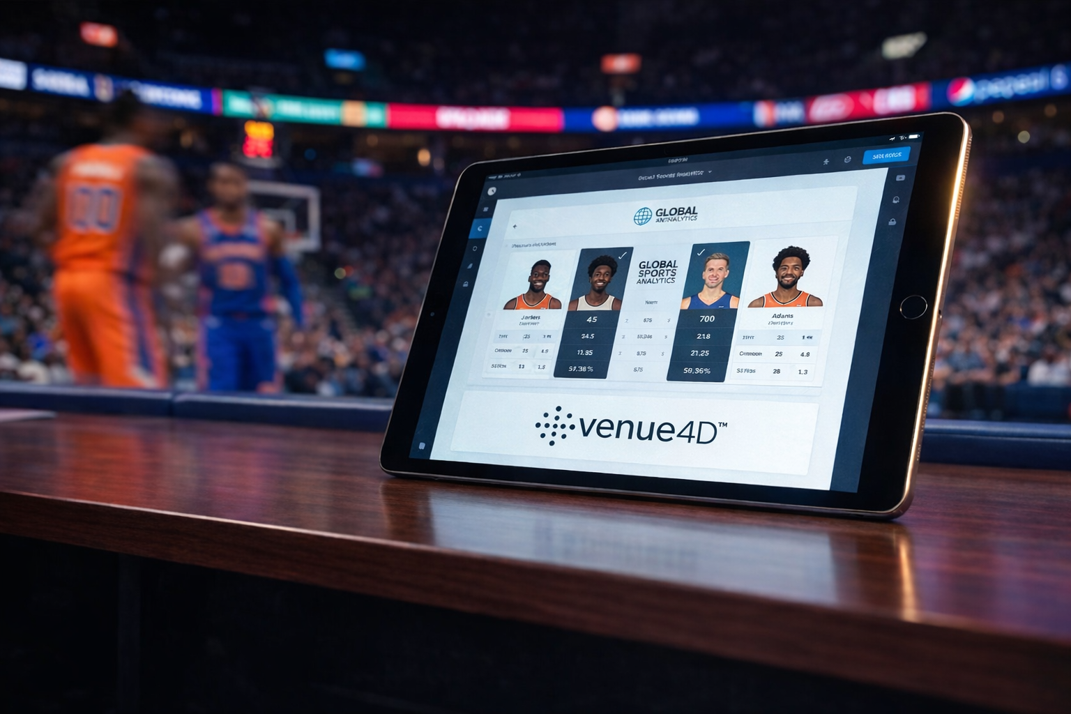 A tablet resting on a courtside table during a live basketball game displays the venue4D™ platform interface with real-time player statistics and analytics, while the action on the court and LED ribbon boards appear softly blurred in the background, emphasizing in-venue technology supporting live sports engagement.