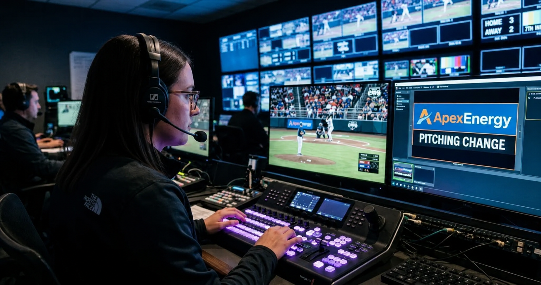 A behind-the-shoulder view of an operator in a dimly lit sports venue control room. A wall of screens glows with a blue light. The operator, a woman in a headset, looks intently at the main screen showing a live college baseball game. Her hands are on a console. To the side, another screen displays a digital graphics template for a sponsor named 'ApexEnergy,' with the words 'PITCHING CHANGE.' The scene is lit by the monitors, with purple light accenting the console and graphics, creating a high-tech, focused atmosphere.