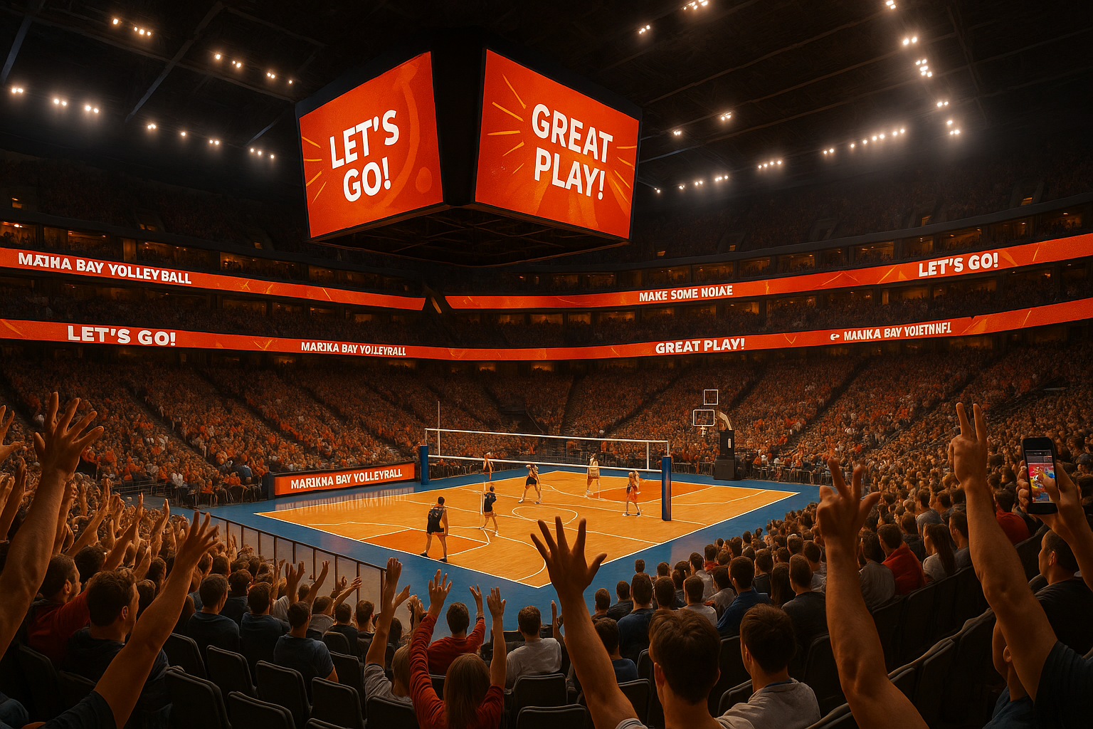 Fans cheer inside a vibrant volleyball arena as LED boards flash prompts like “Make Some Noise!” and “Spike It!”, showcasing interactive sponsor engagement powered by venue4D™.