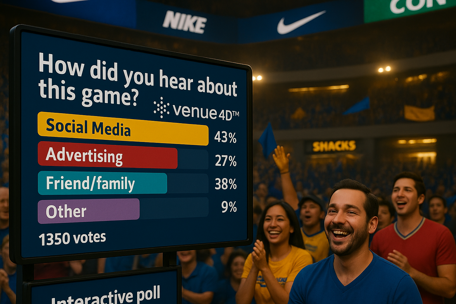 Packed stadium with fan poll on big screen and sponsor logos
