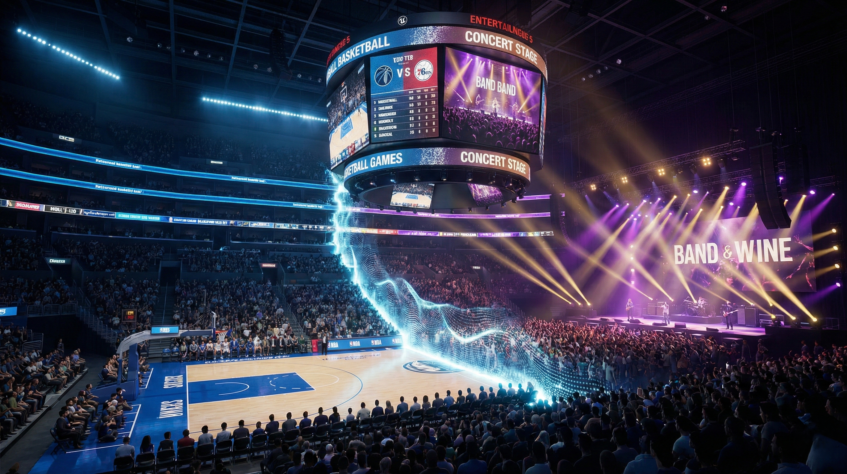 A photorealistic image of a large arena split by a glowing digital wave. The left side shows a basketball game with blue lighting, while the right side shows a concert with purple and gold lighting. The overhead jumbotron is also split, displaying graphics for each respective event, illustrating a rapid venue reconfiguration.