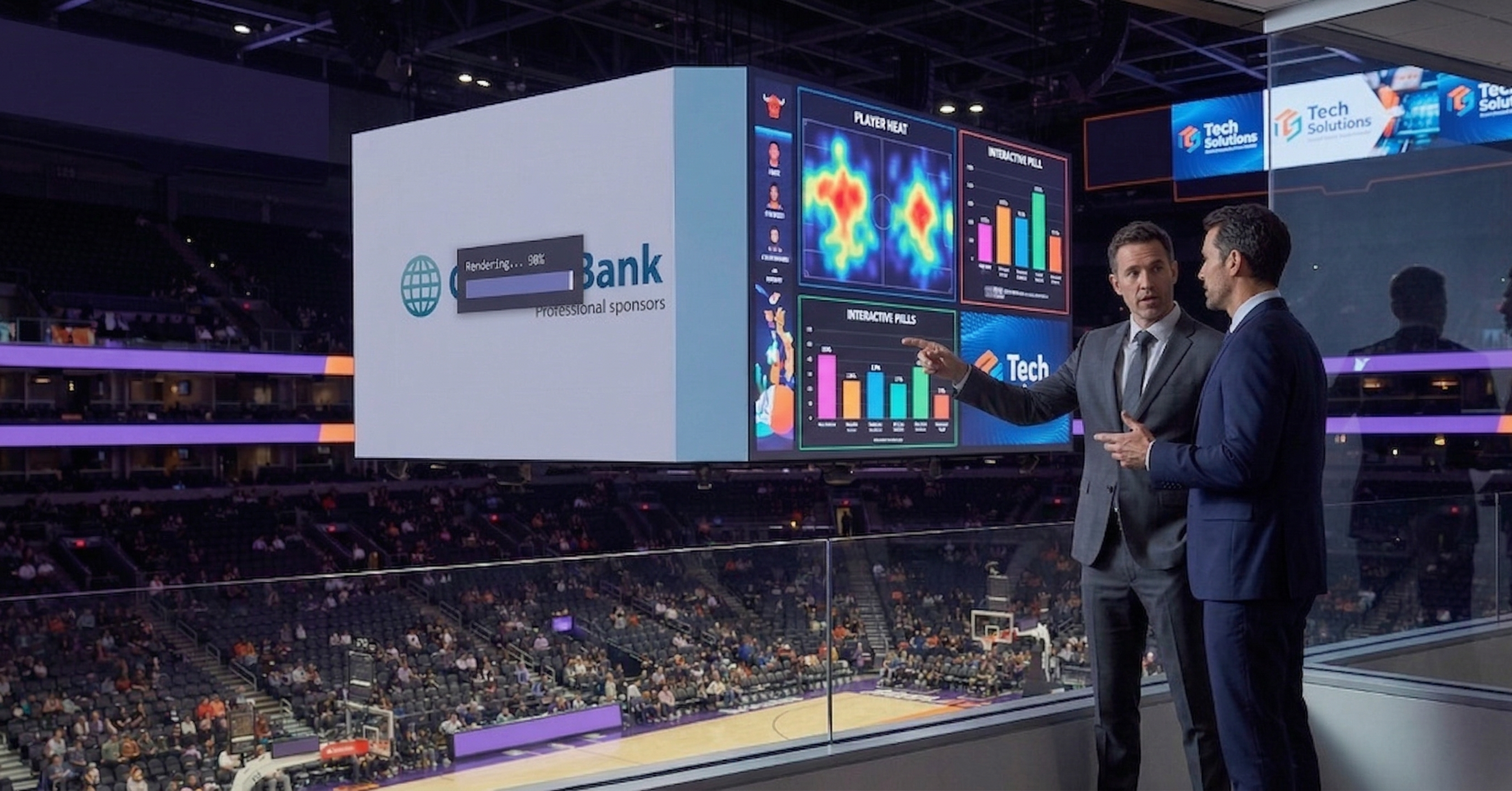 Two male executives overlook a basketball arena from a modern suite. The central videoboard is split in half: the left side shows a static graphic with a rendering progress bar, symbolizing an outdated bottleneck. The right side is alive with vibrant, real-time data and dynamic sponsor content, representing the future of venue technology and unlocked revenue potential. The image visually contrasts old and new workflows.