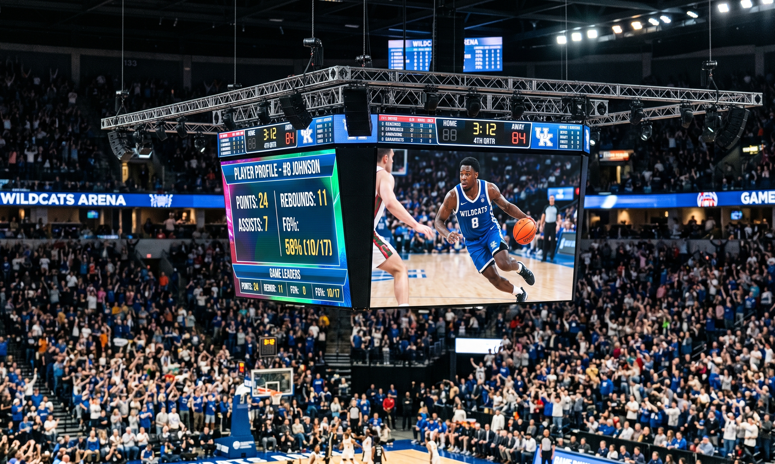 A high-angle, realistic shot of a packed basketball arena, focusing on a large four-sided jumbotron hanging from the rafters. The jumbotron displays a "Player Profile" for a generic basketball player (Number 8, Johnson) shown in action on the court. To the left of his image, his game statistics are visible: 24 Points, 11 Rebounds, 7 Assists, and a 58% Field Goal percentage. In the background, a blurred, massive crowd fills the stadium seats under bright arena lights, creating a high-energy game day atmosphere.