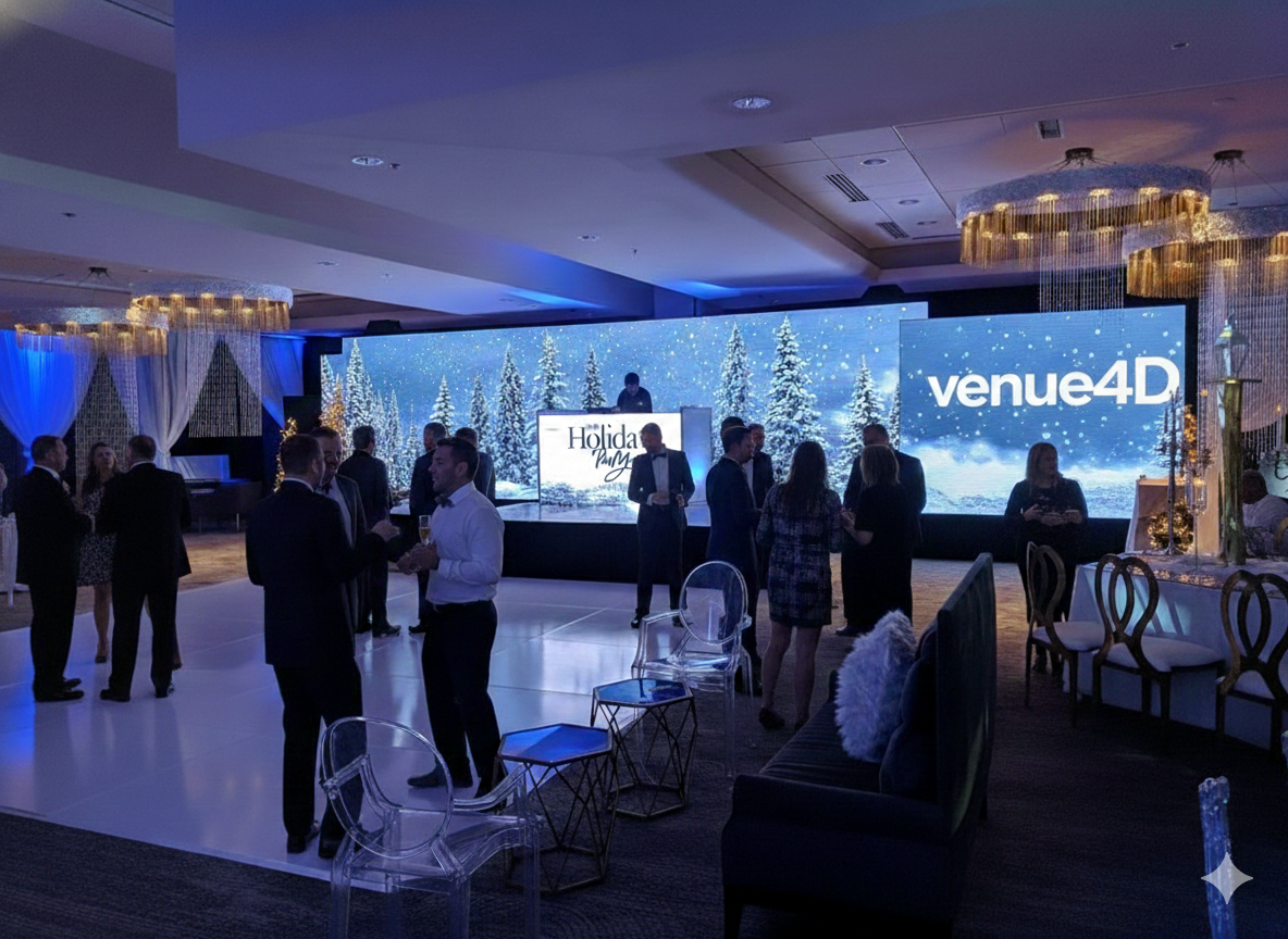 Holiday gala scene featuring a large ‘holiday party’ stage display, festive lighting, snow-covered décor, and venue4D™ branding on side screen.