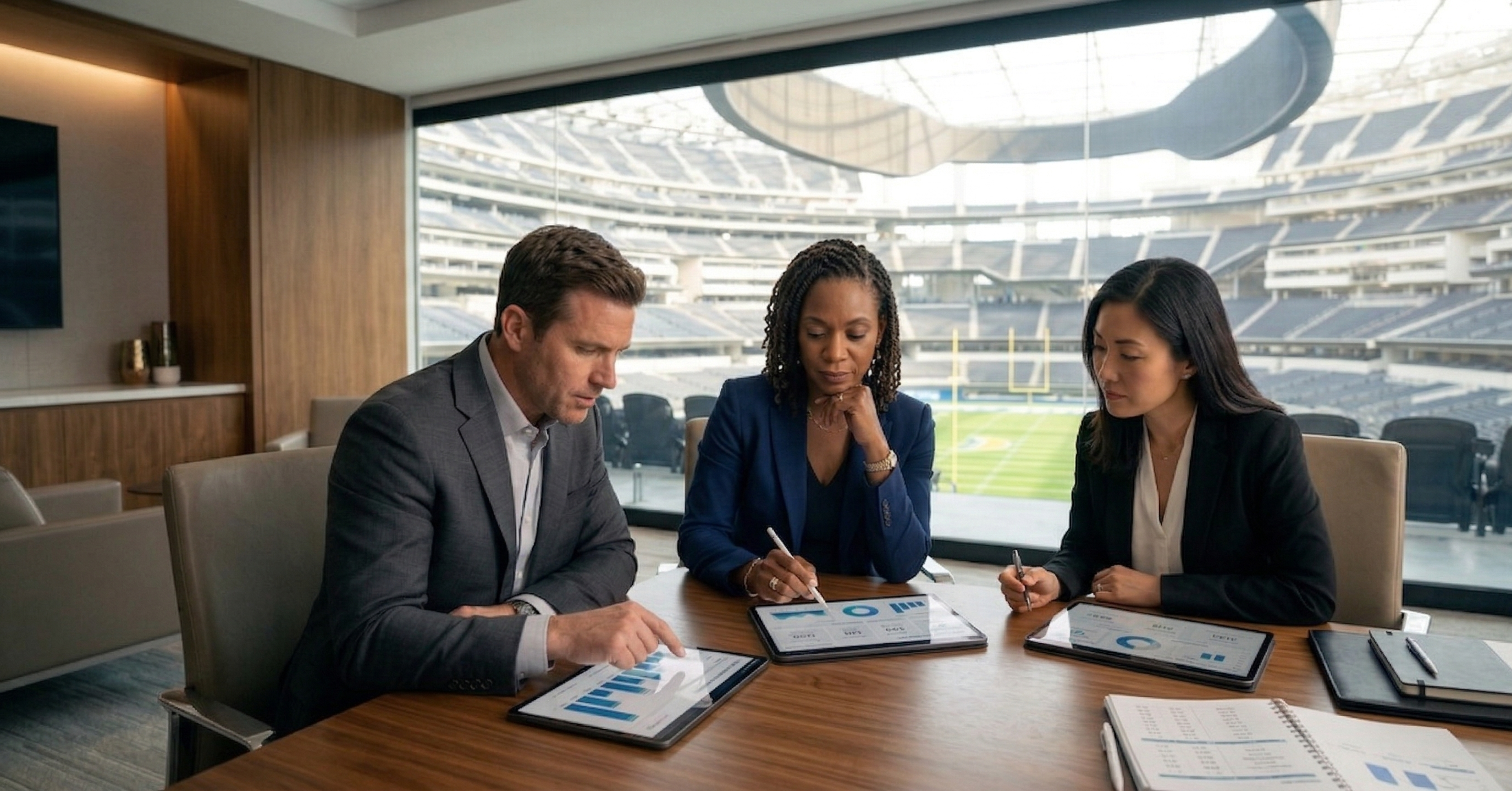 Three confident executives sit in a modern office, strategically reviewing sponsorship analytics on a tablet. Through a large window behind them, a bright, professional football stadium is visible. The scene represents modern, data-driven revenue strategy within the sports industry, emphasizing thoughtful decision-making and ROI analysis.