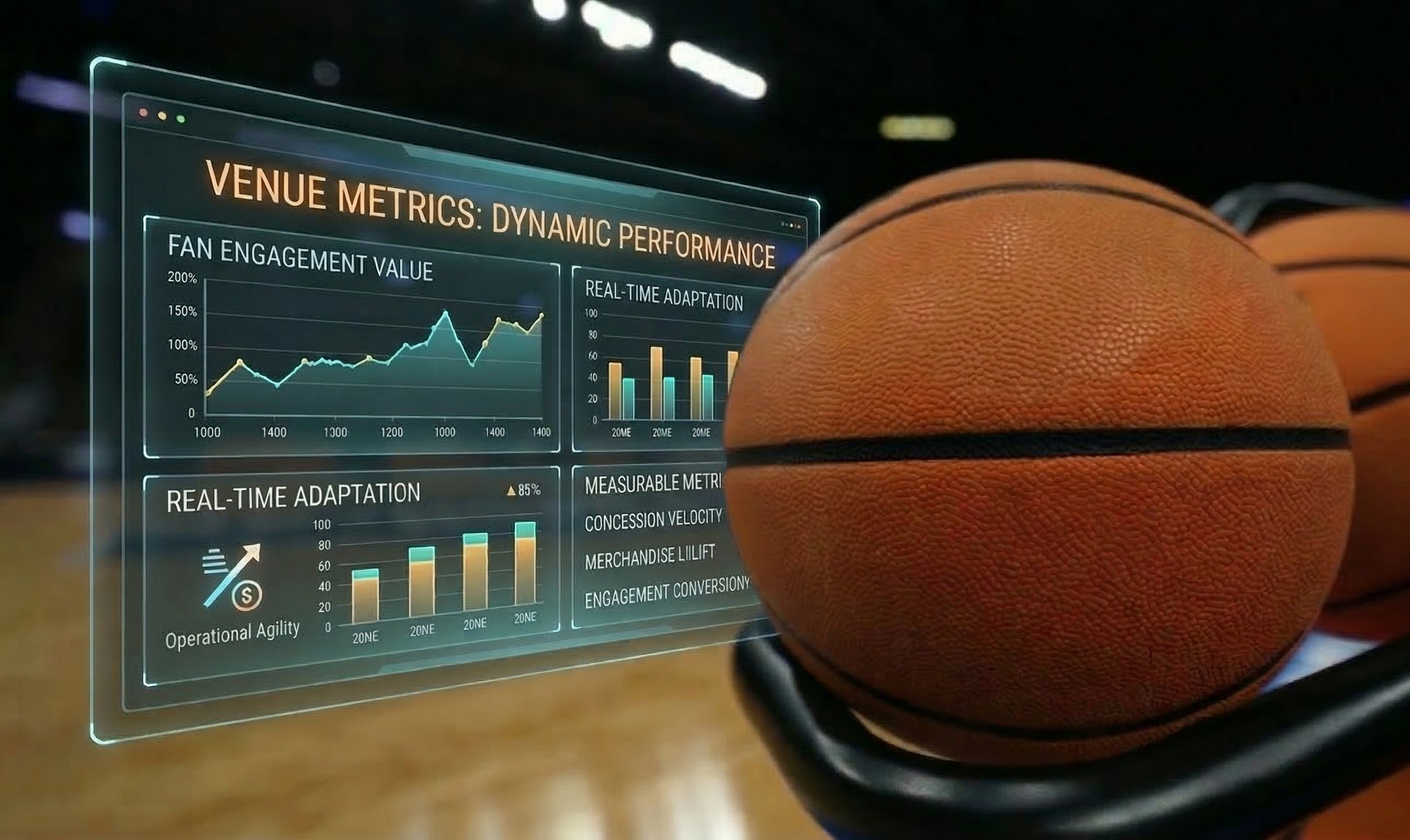 A close-up shot of a textured orange basketball sitting on a black rack in a dimly lit, blurred arena setting. To the left of the basketball, a semi-transparent, futuristic digital "Venue Metrics" dashboard is overlaid. The panel displays various data visualizations, including a "Fan Engagement Value" line graph, "Real-Time Adaptation" bar charts, and a list of "Measurable Metrics" such as concession velocity and merchandise uplift. The right edge of the holographic panel appears to be positioned behind the basketball, creating a sense of depth and keeping the ball as the primary focal point.