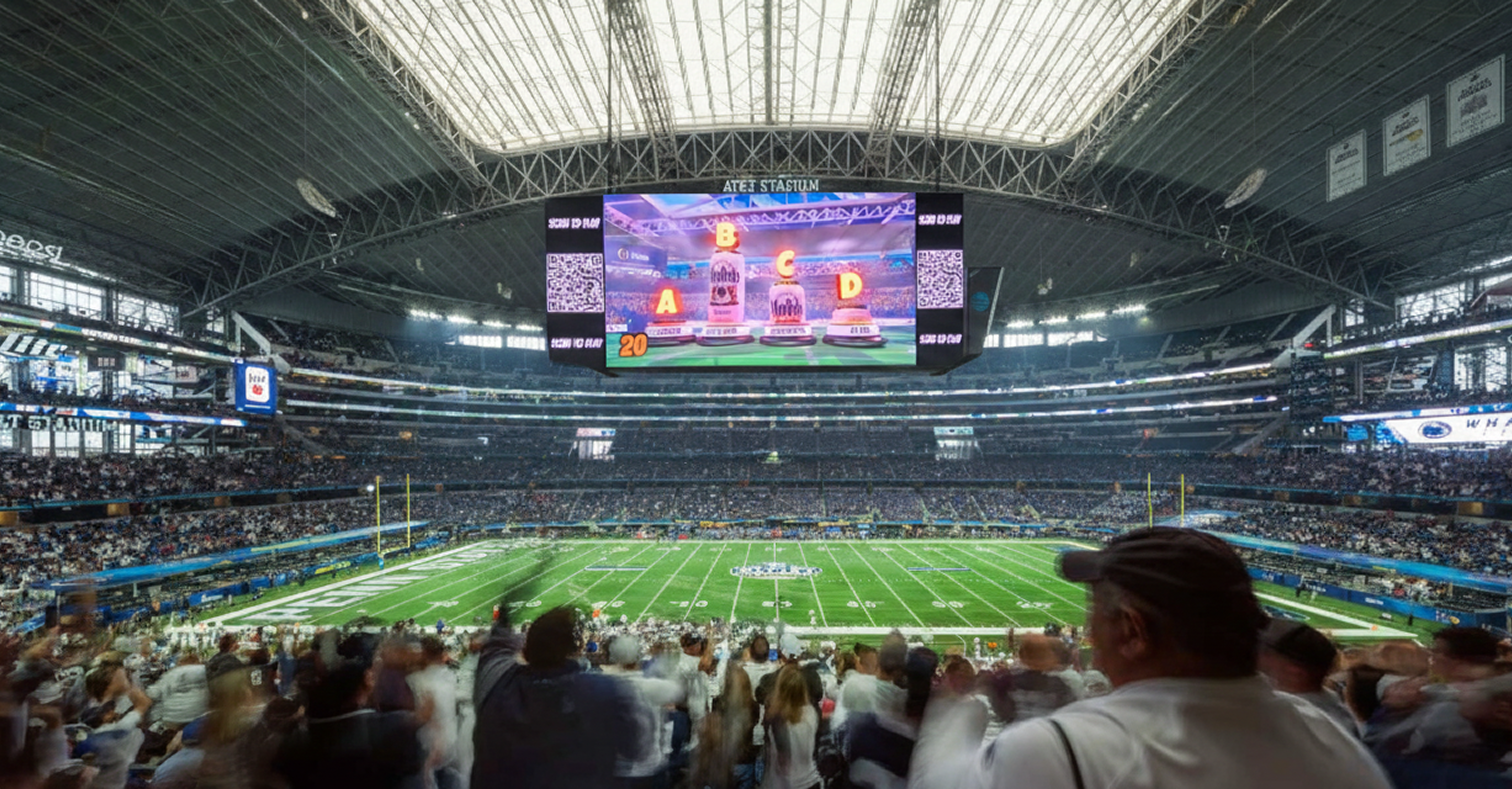 Fans in a stadium cheering while participating in venue4d's “Pick the Song” game displayed on the jumbotron.
