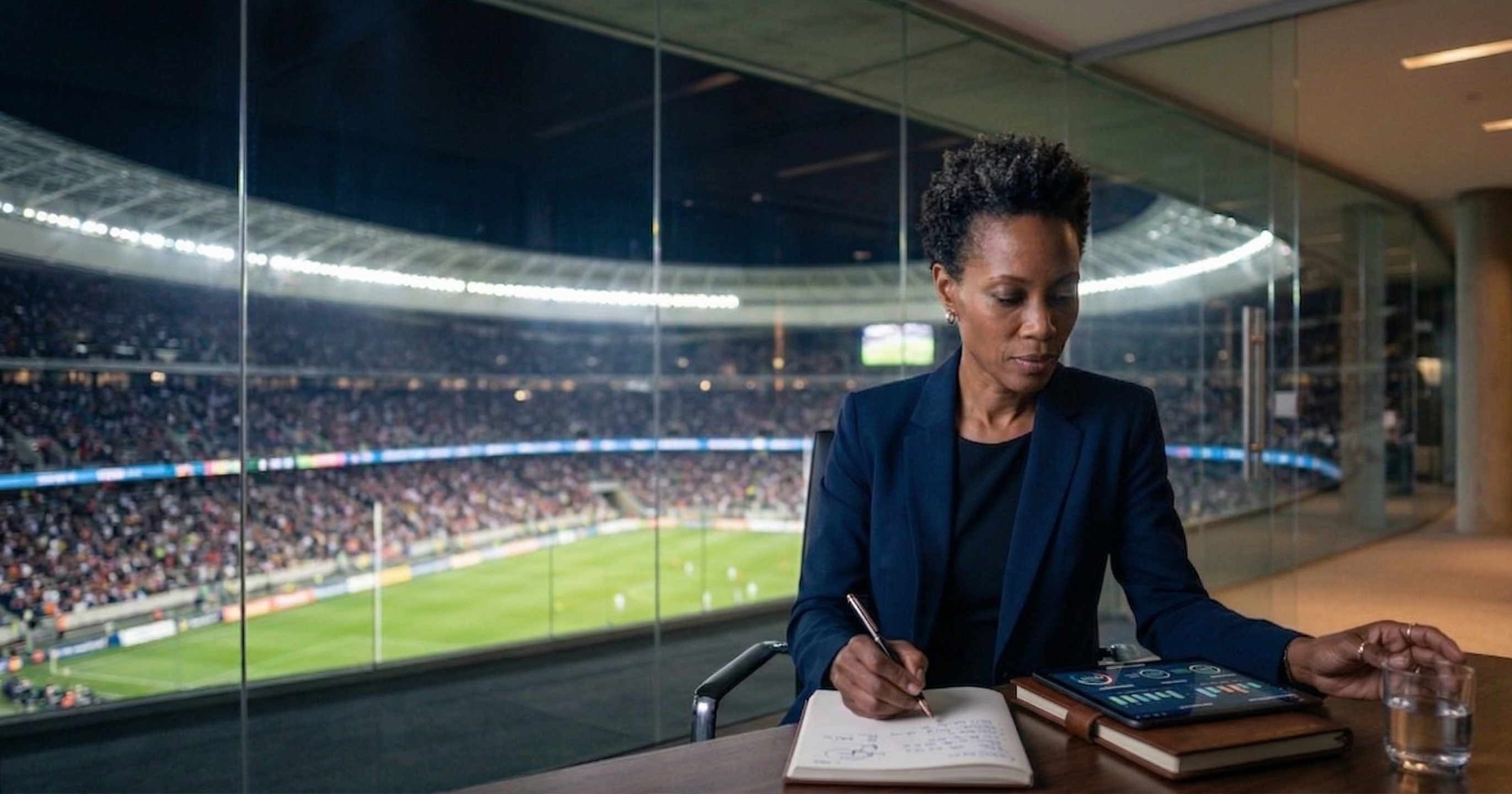 A confident Black female executive reviews operational efficiency charts on a tablet in a modern office overlooking a brightly lit sports stadium at night, representing data-driven sustainability strategy.