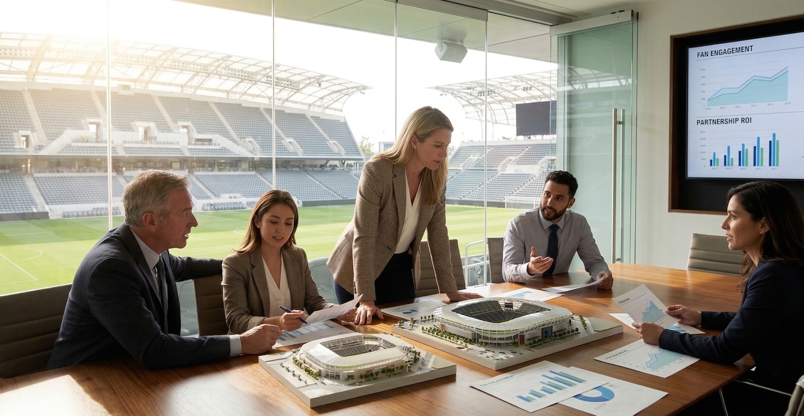 A team of five diverse executives discussing stadium operations and financial data in a modern, sunlit conference room overlooking an empty professional soccer stadium. A woman stands over architectural models, while colleagues around the table review charts. A large screen displays 'FAN ENGAGEMENT' and 'PARTNERSHIP ROI' metrics.