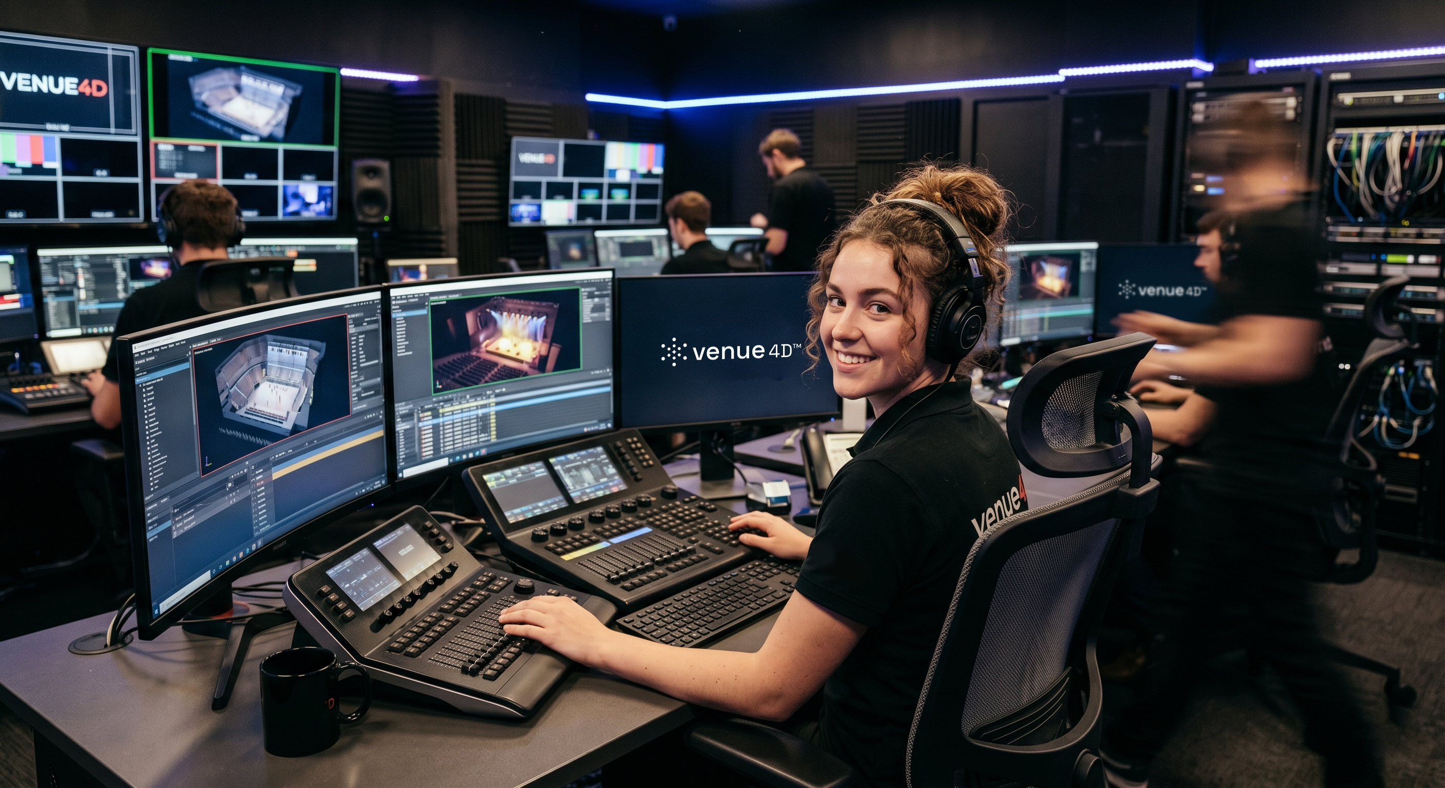 A smiling woman with headphones looks back over her shoulder in a high-tech control room. She sits at a desk with multiple monitors displaying venue models and "VENUE4D CONTROL", with other crew and equipment in the background.