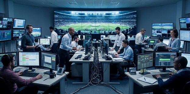 A wide shot of a modern sports stadium control room, shown from a slightly elevated angle. Several diverse operations staff members are at their desks, looking intently at a mix of mismatched monitors and keyboards. The scene is lit with cool, cinematic lighting from the screens, highlighting the visual chaos of tangled wires and disparate systems to represent technological friction. In the background, a large video wall shows the empty stadium seating bowl, creating a sense of scale and pressure for the operations team.