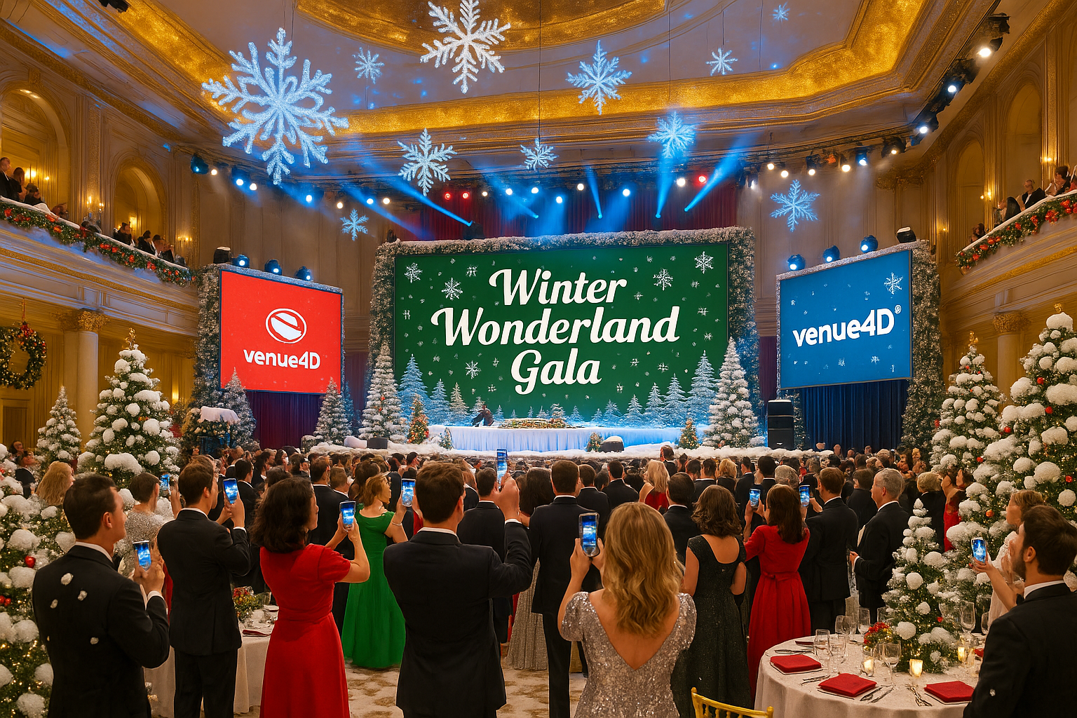 Holiday gala scene featuring a large ‘Winter Wonderland Gala’ stage display, festive lighting, snow-covered décor, and venue4D™ branding on side screens.