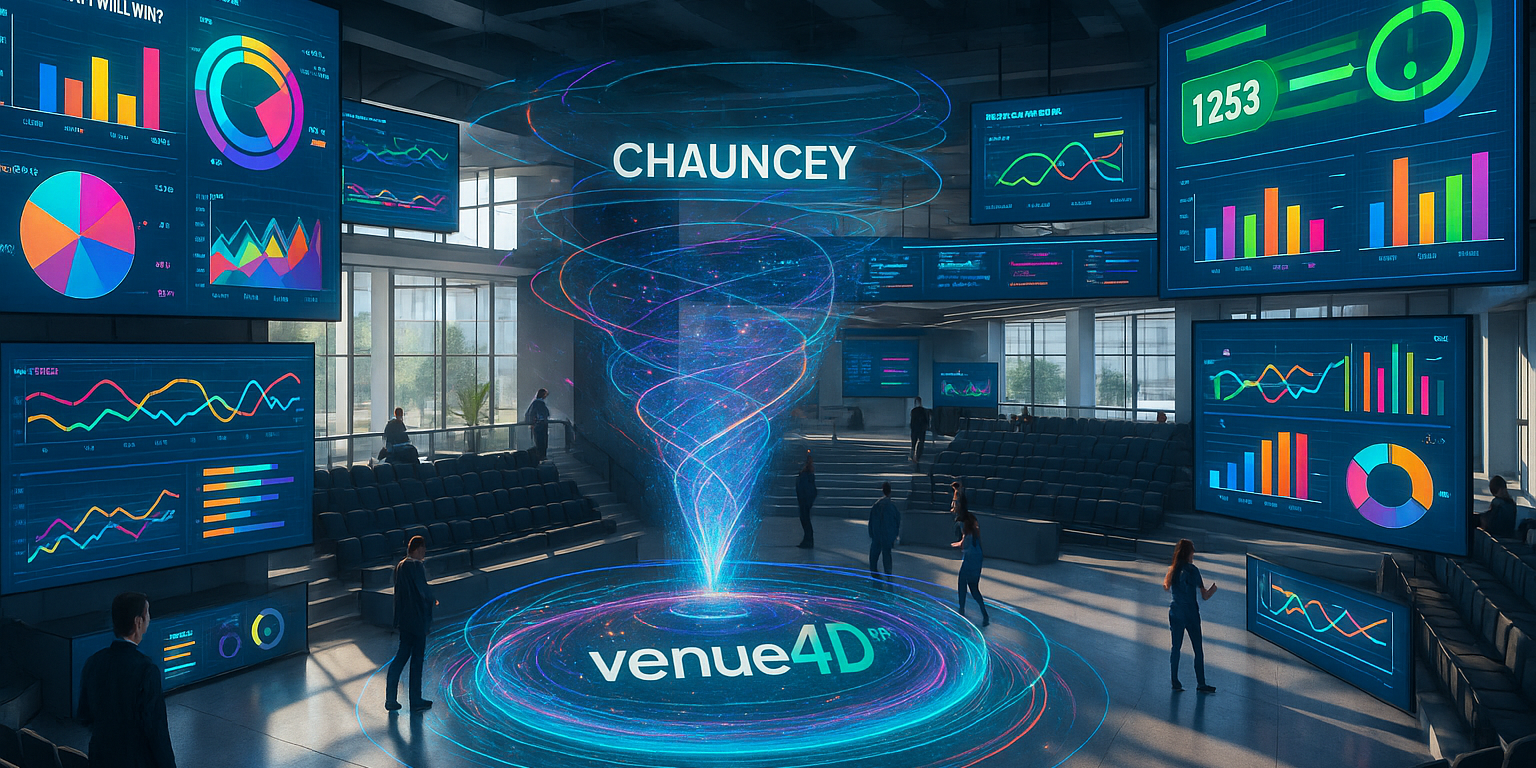Futuristic smart venue interior illuminated by natural light, featuring a holographic display labeled “CHAUNCEY” above a glowing circular stage that reads “venue4D™.” Surrounding digital screens show colorful data visualizations and analytics, while people interact with augmented reality overlays in a modern, tech-driven arena.