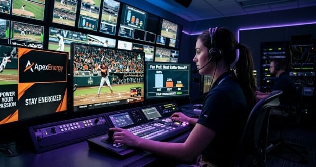 A wide, behind-the-shoulder view of an operator in a dark, high-tech sports venue control room. A young woman wearing a headset faces a large wall of video screens. The main screen shows a live college baseball game with the bases loaded. Smaller screens display digital sponsorship ads for "ApexEnergy" and fan poll results. The room is mostly dark, with the cool blue and vibrant purple light from the monitors reflecting on the operator and her console, creating a focused and cinematic atmosphere of command and control.