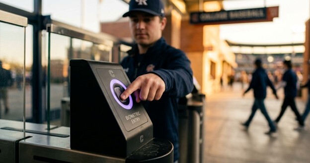 A tight, close-up photograph shows a person's hand pressing their index finger onto a biometric scanner at a stadium gate. The scanner, built into a sleek black turnstile, glows with a soft purple light around the fingerprint pad. The background is a warm, blurry image of a sunlit stadium concourse, suggesting a fast and seamless entry experience. The focus is entirely on the interaction between the fan and the futuristic ticketing technology, highlighting efficiency and ease of access.