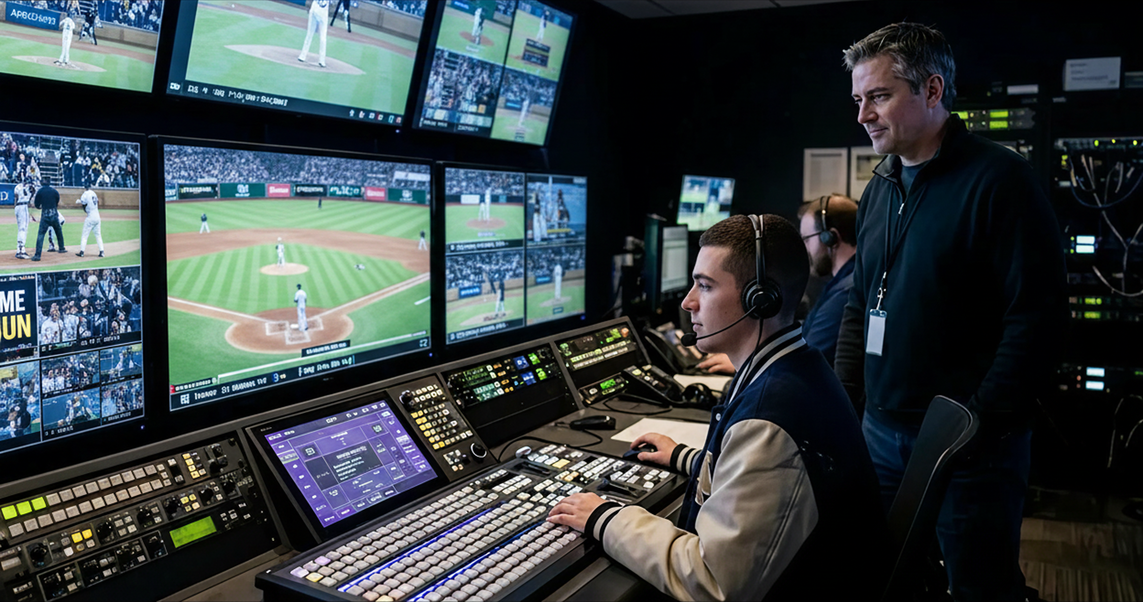 A behind-the-shoulder view inside a dark sports venue control room. A young man in his early twenties is seated at a large console, focused intently on a wall of monitors displaying a live night baseball game. An older man stands behind him, observing in a mentoring role. The cool blue and purple light from the screens illuminates their faces and the complex equipment. The main monitor shows a batter at the plate, while others display graphics and camera feeds. The atmosphere is one of focused professionalism during a live event