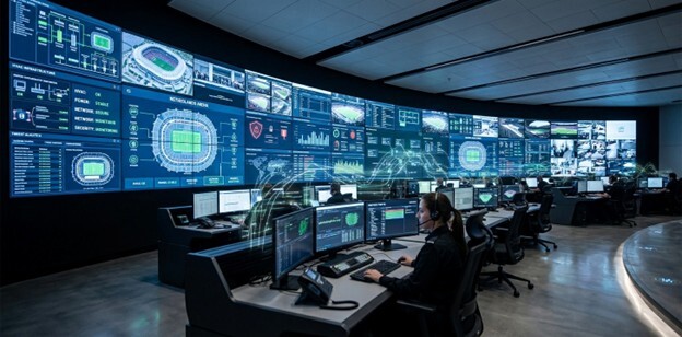 A wide-angle view of a sophisticated sports venue command center. The room is filled with screens displaying complex data, stadium operations schematics, and security alerts. The advanced technological infrastructure underscores the theme of managing cybersecurity risks in a hyper-connected environment, highlighting the unseen operational systems that power a modern fan experience.