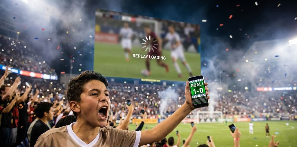 A high-energy, cinematic photo inside a packed soccer stadium at night. In the foreground, a young fan cheers wildly, holding up a smartphone that displays a bright, instant "GOAL! 1-0" graphic. In the background, the massive stadium video board is blurred and lagging, displaying a white "REPLAY LOADING" buffering icon. The contrast highlights the speed gap between real-time mobile updates and traditional venue technology.