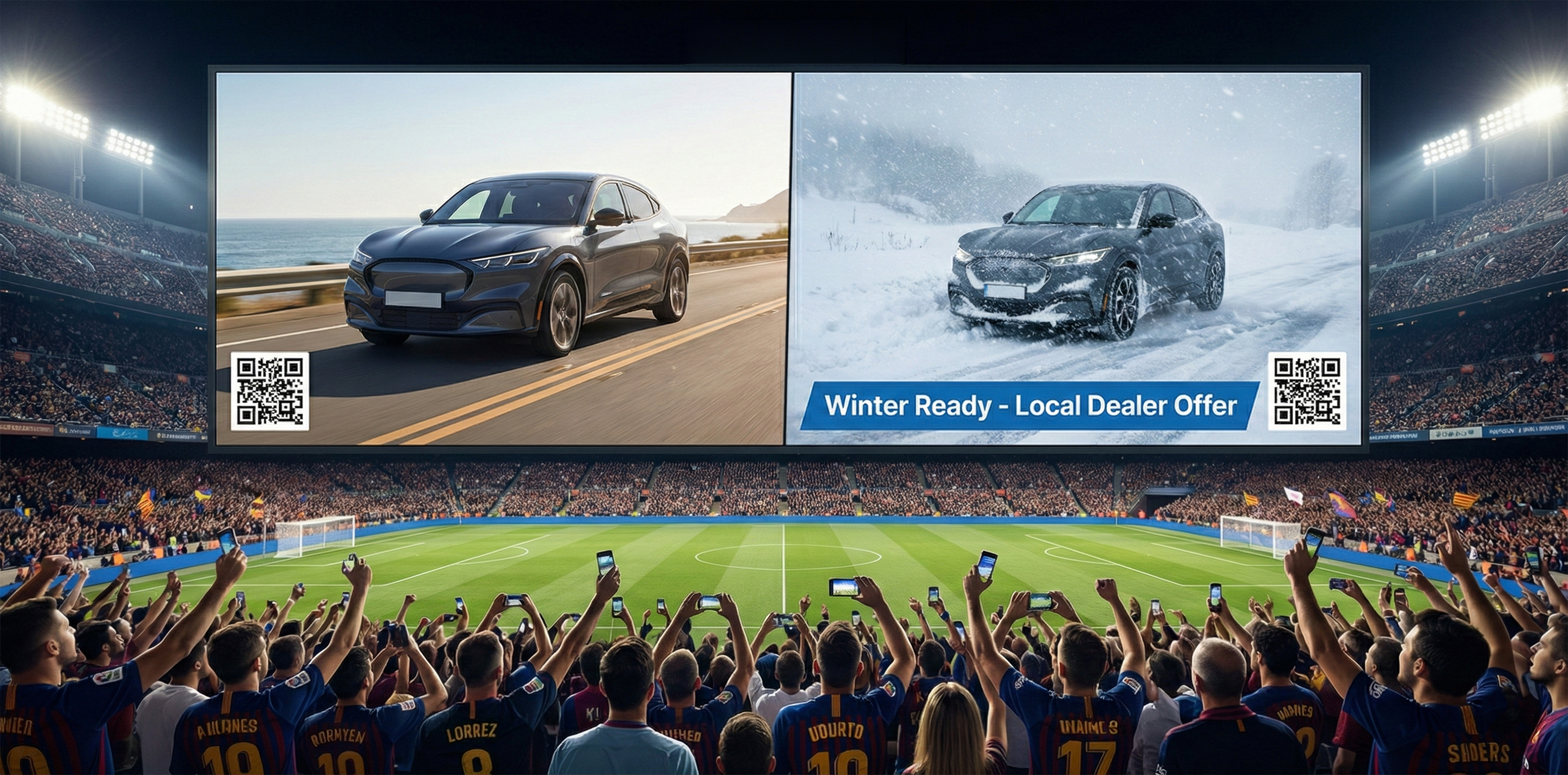 A split-screen view of a massive stadium Jumbotron showing two different versions of the same SUV advertisement—one for sunny weather and one instantly updated for a winter storm—demonstrating the ability to change sponsor graphics in real-time during a live game.
