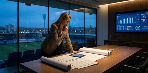 A female venue executive stands in a modern office overlooking a professional stadium at dusk. She is leaning over a desk covered in plans and financial charts, representing strategic planning and budget management. A large screen in the background shows data visualizations, underscoring the theme of using technology and data to solve complex operational challenges in the live events industry.
