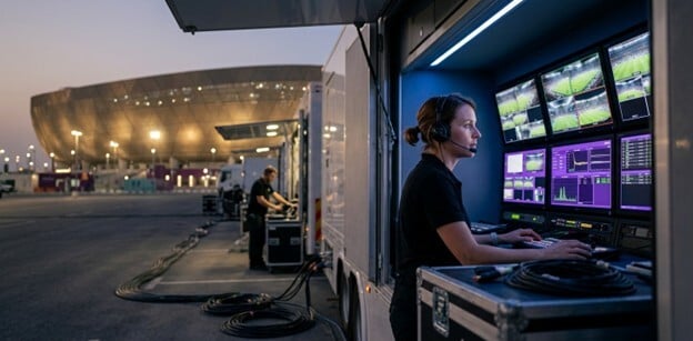 A female broadcast technician stands inside an open production truck at dusk, her face lit by a wall of monitors showing multiple camera feeds. Outside the truck, a modern stadium is lit up against the evening sky. Thick black cables run along the ground in the foreground, indicating a large-scale media operation. The monitors display technical data with bright purple accents. The overall scene conveys the high-tech, behind-the-scenes complexity of a major live sports broadcast.