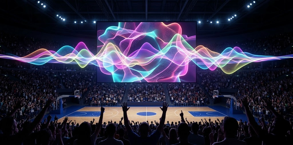A fan’s perspective from the front row of a packed college basketball arena during a high-energy "Make Some Noise" moment. The massive center-hung jumbotron displays abstract, pulsing, audio-reactive 3D geometry that visually translates the crowd's roar into light waves, demonstrating how perceptual technology transforms the live experience.