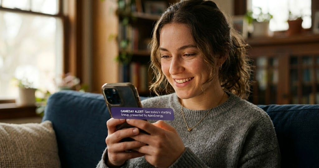 A close-up, photorealistic image of a young woman smiling with anticipation as she looks at her smartphone. She is in a softly lit room, and her face is illuminated by the phone's screen. The screen shows a "GAMEDAY ALERT" for a baseball game, with a header in deep purple. The visible text on the notification includes the phrase "presented by ApexEnergy." The focus is sharp on the woman and her phone, with the background comfortably out of focus, creating an intimate, personal mood.