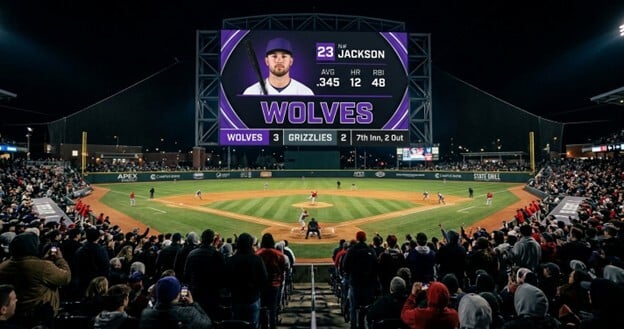 From a low angle, a massive videoboard dominates the view at a college baseball stadium at night. The screen displays a modern graphic for a player from the fictional "Wolves" team, featuring statistics and glowing purple accents. The light from the videoboard illuminates the faces of fans in the foreground who are looking up intently at the display. Below, the bright green baseball field is visible with players in action under stadium lights. The overall image feels cinematic and captures a moment of high-tech fan engagement during a live game.