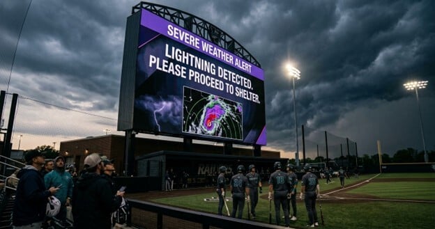 A low-angle photo of a massive jumbotron in a college baseball stadium under a dark, stormy sky at dusk. The screen displays a "SEVERE WEATHER ALERT" message in white and purple text, which reads "LIGHTNING DETECTED. PLEASE PROCEED TO SHELTER."  A weather radar map is also visible. Below the screen, fans look up with concern, and on the field, players in generic uniforms have stopped play and are looking towards their dugout. The scene is dramatically lit by the stadium lights, creating a tense atmosphere.