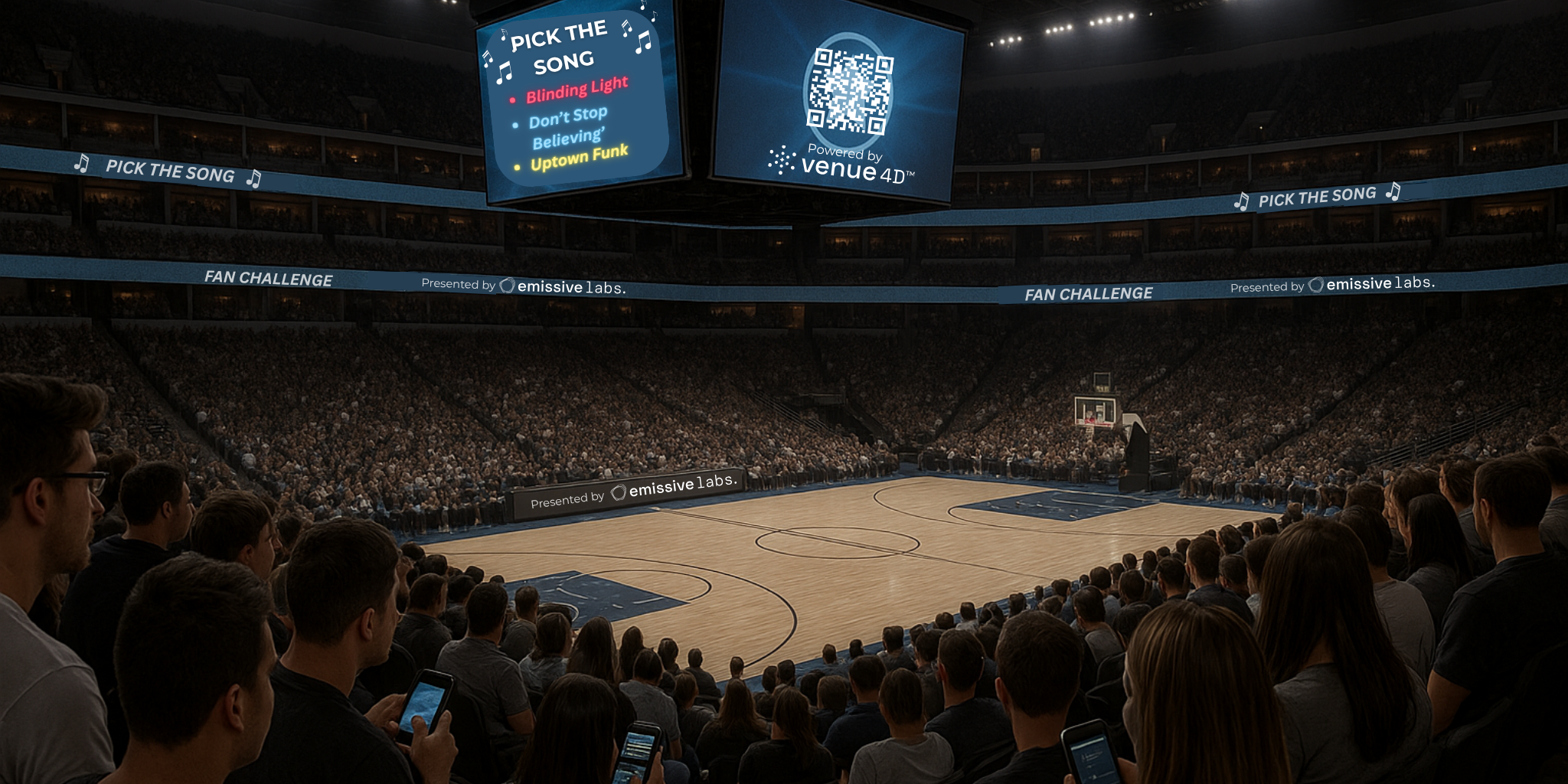 Fans in a bright basketball arena use phones to play a Pick the Song game powered by venue4D™, with Emissive Labs branding displayed.