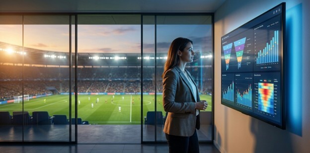 A female marketing executive stands in a modern stadium suite, intently studying a large wall monitor. The screen displays complex data visualizations, including charts and heatmaps, illustrating marketing analytics. Behind her, floor-to-ceiling windows reveal a panoramic view of a brightly lit sports stadium at dusk. The scene conveys a sense of strategic oversight and data-informed decision-making in a high-stakes entertainment environment.