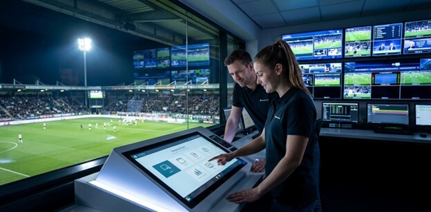 Two professional operators, a man and a woman, collaborate in a modern stadium control room overlooking the field. The woman points to a user-friendly, template-based interface on a touchscreen console, showcasing ease of use in a high-tech environment. The background features a large wall of screens displaying game feeds and data, illustrating a calm and efficient operational command center.