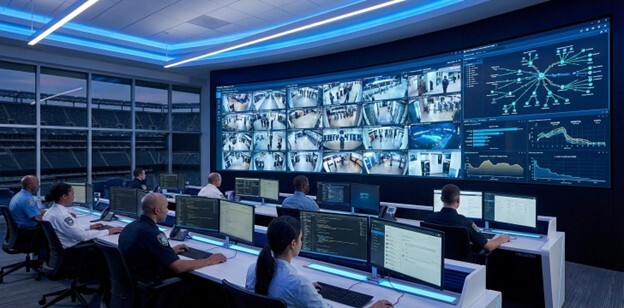 A wide-angle view of a modern sports stadium's security command center. A large video wall dominates the background, displaying multiple security camera feeds and complex data network visualizations. In the foreground, a diverse team of focused IT professionals works at their consoles, monitoring the digital infrastructure. The environment is clean and professional, illustrating cybersecurity and data protection at a large venue.