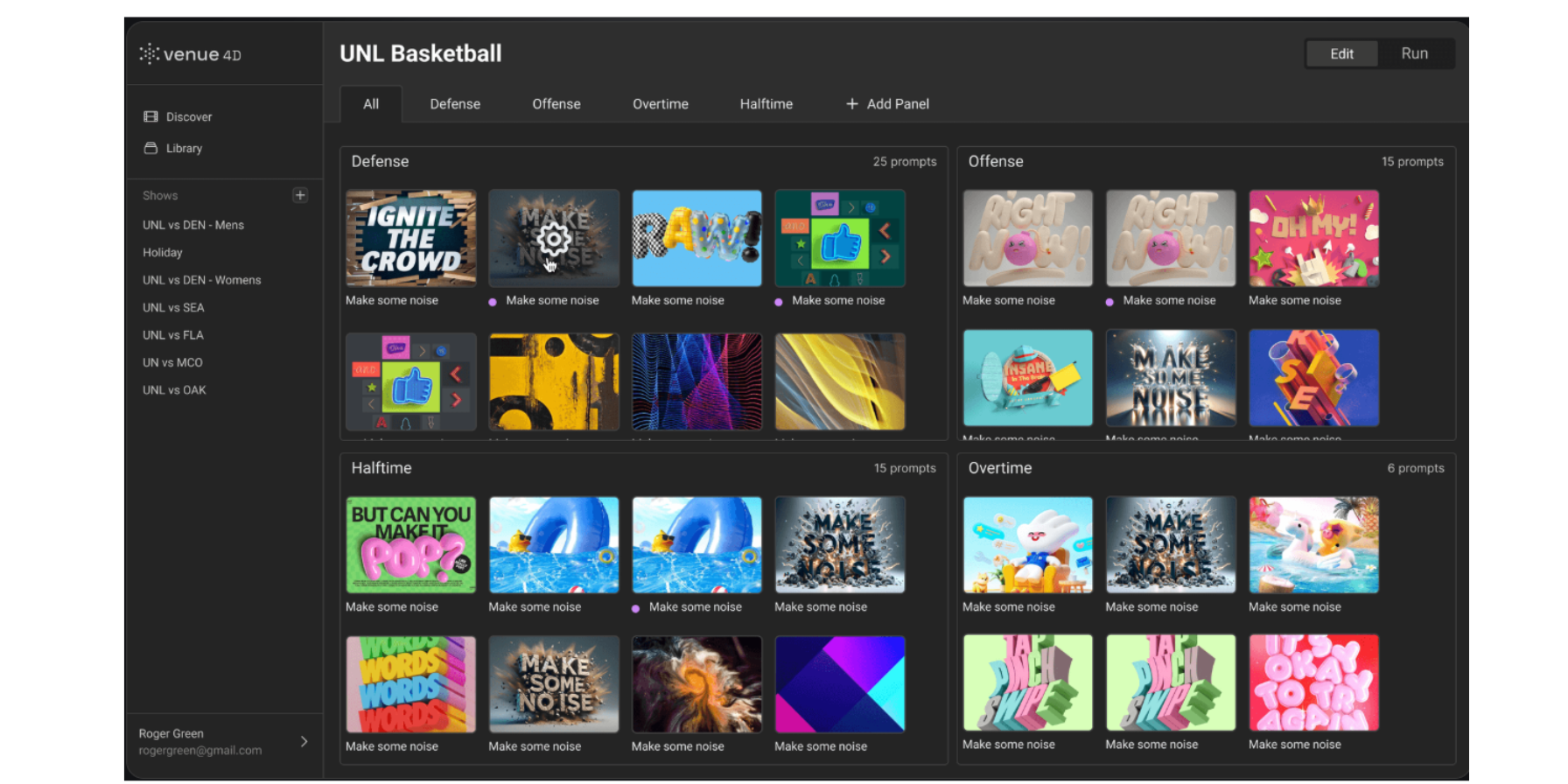 Dashboard view of venue4D™ showing real-time game-day graphics and prompt packs powered by Unreal Engine 5 for event presentation and fan engagement.