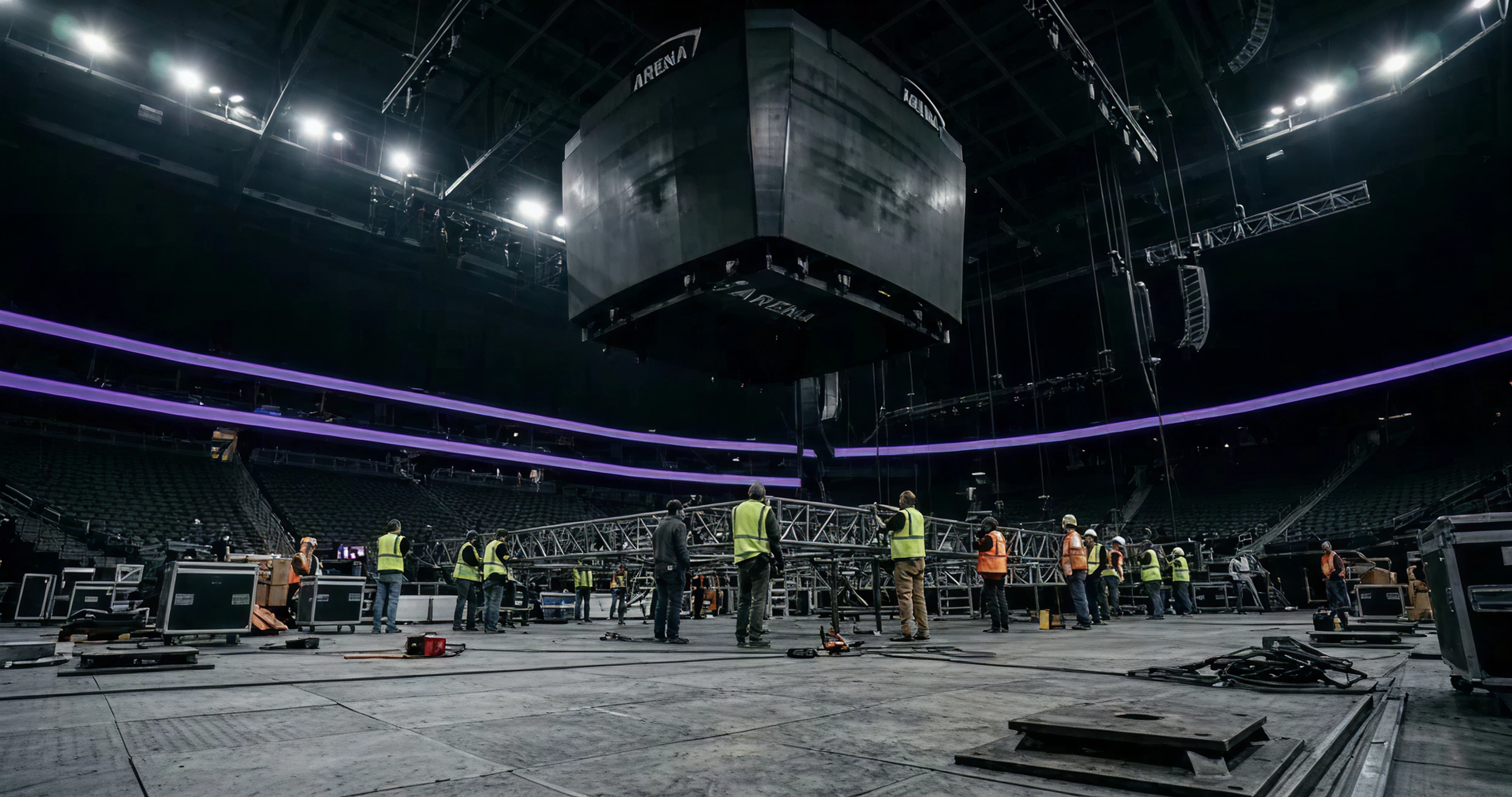A low-angle, wide photograph taken from the floor of a large, empty sports arena. A massive, dark, center-hung jumbotron scoreboard looms overhead, dominating the frame. Below it, the floor is covered, and a small crew of workers is assembling the metal frame for a large concert stage. The scene is lit by harsh overhead work lights, with a subtle purple glow reflecting off the equipment from an out-of-focus ribbon board in the upper seating deck. The image captures the immense scale of the venue during a changeover.