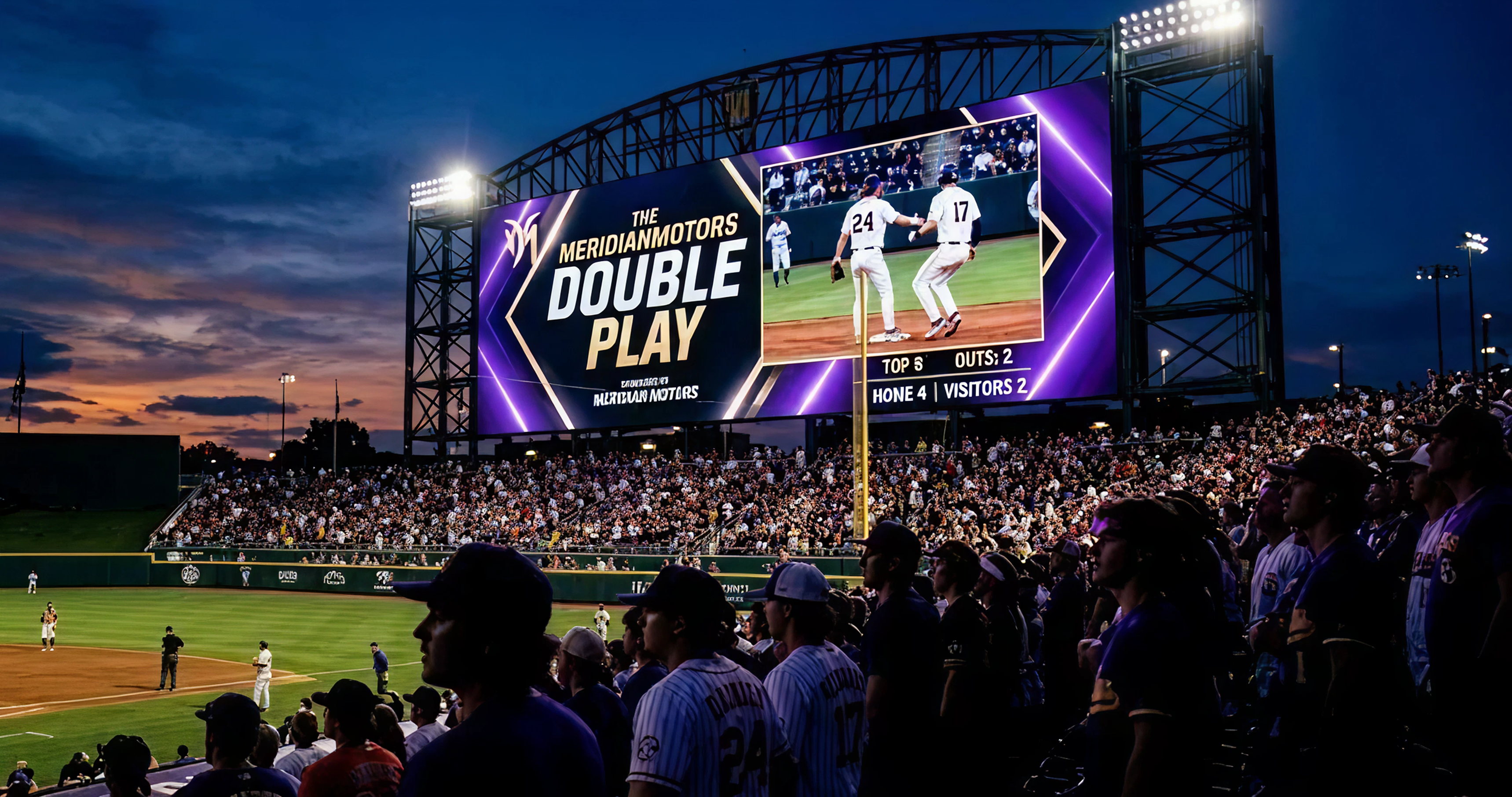 A low-angle view of a gigantic videoboard in a baseball stadium at night. The screen displays a graphic with the text "THE MERIDIANMOTORS DOUBLE PLAY" in large letters, accented with a vibrant purple glow. Below the massive screen, the dark silhouettes of a crowd of fans can be seen looking up, their faces lightly illuminated by the display. The bright stadium lights are on, and the sky behind the structure is a deep, dark blue. The image highlights the scale of modern in-venue technology and its role in fan engagement.