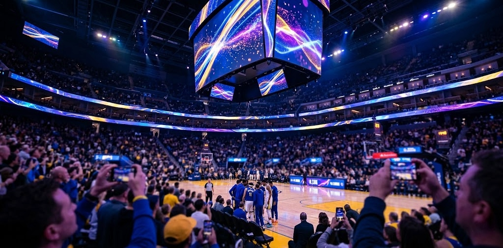 A wide-angle shot from within a modern basketball arena, showcasing a unified and immersive brand activation. The jumbotron and ribbon screens display synchronized, dynamic graphics of colorful light streaks, transforming the venue into a single creative canvas. The crowd, seen in soft focus, is captivated by the spectacle, their faces lit by the vibrant display. This image represents the concept of game day production as a strategic tool for brand storytelling and creating memorable fan experiences.