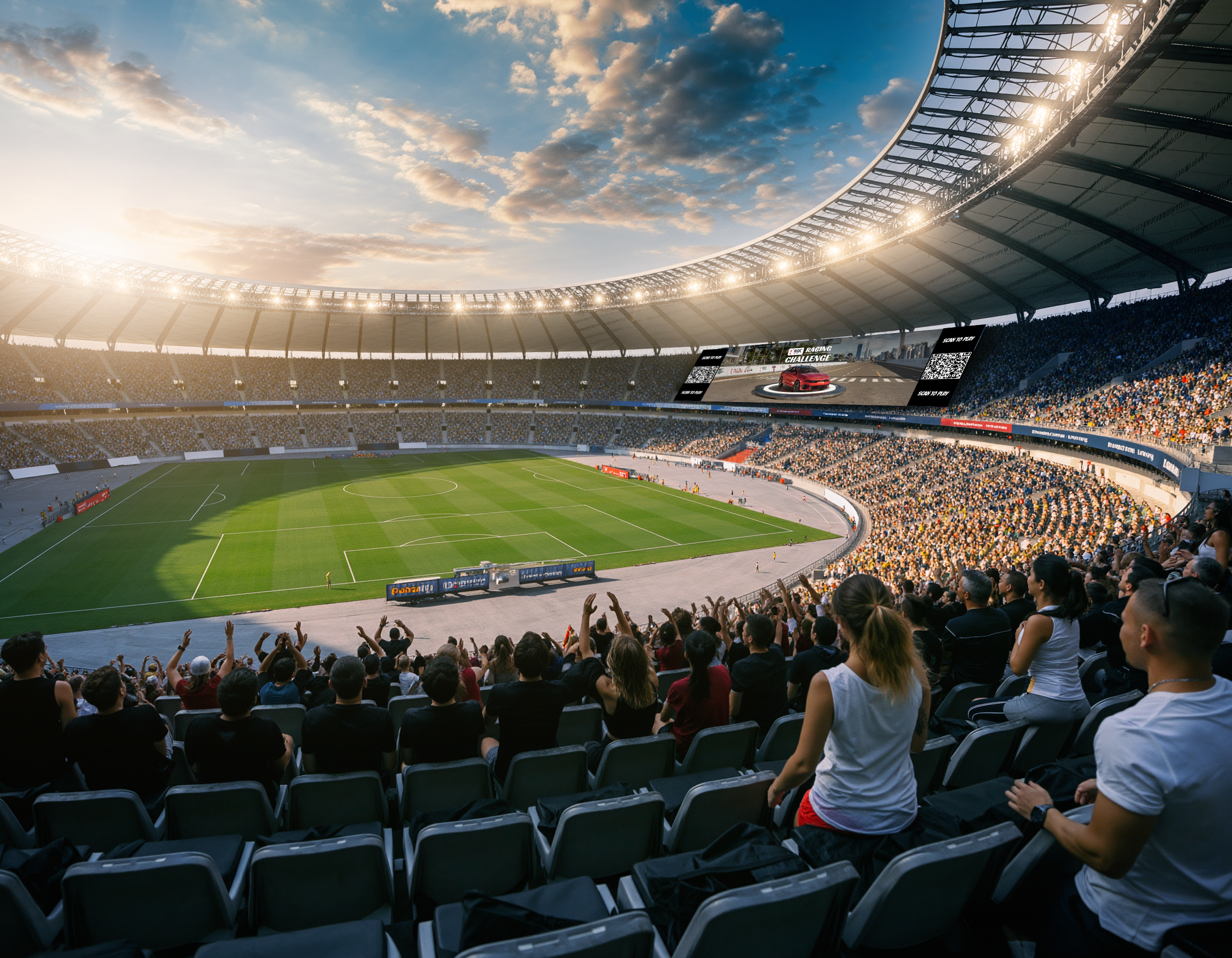 Photorealistic stadium scene showing a packed crowd and a large video board displaying dynamic graphics, illustrating real-time, sponsor-ready content during a live sporting event.