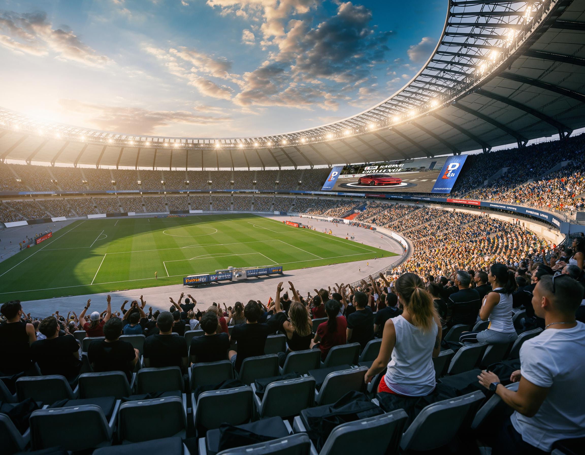Photorealistic stadium scene showing a packed crowd and a large video board displaying dynamic graphics, illustrating real-time, sponsor-ready content during a live sporting event.