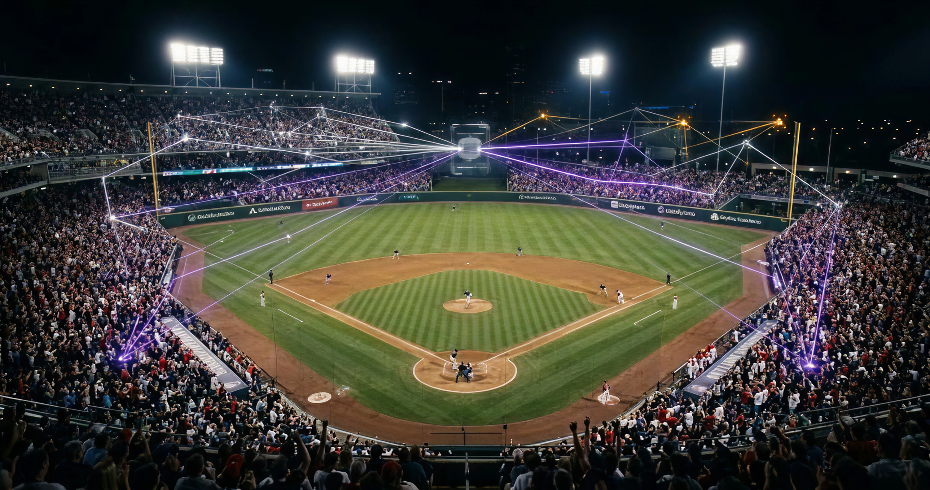 A wide, elevated view of a crowded baseball stadium during a night game. Superimposed over the entire scene is a glowing, semi-transparent digital overlay of a complex network, with lines of data flowing from the stands. Most of the data lines are white, but prominent pathways glow in a vibrant purple. The field is brightly lit, with anonymous players in position. The stands are filled with spectators, their faces faintly illuminated by the digital overlay. Fictional sponsor logos are visible on the outfield walls, reinforcing the venue's technological environment.