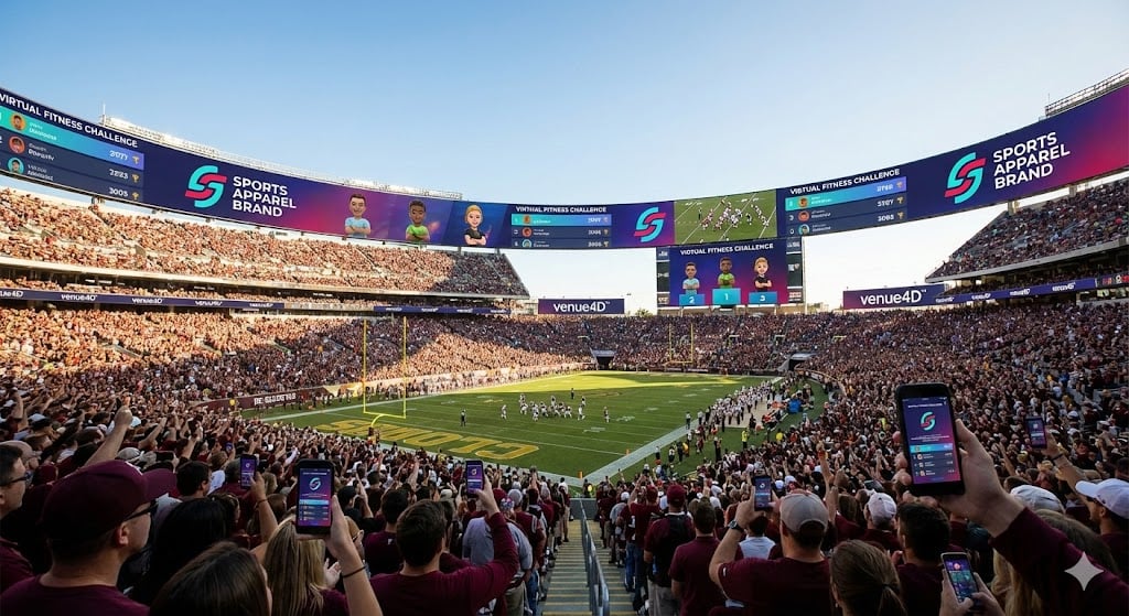 A wide view of a crowded college football stadium featuring real-time NIL activations. Massive video boards display a "Sports Apparel Brand Virtual Fitness Challenge" powered by venue4D™ technology, while fans in the stands engage with the sponsorship on their smartphones during the game.