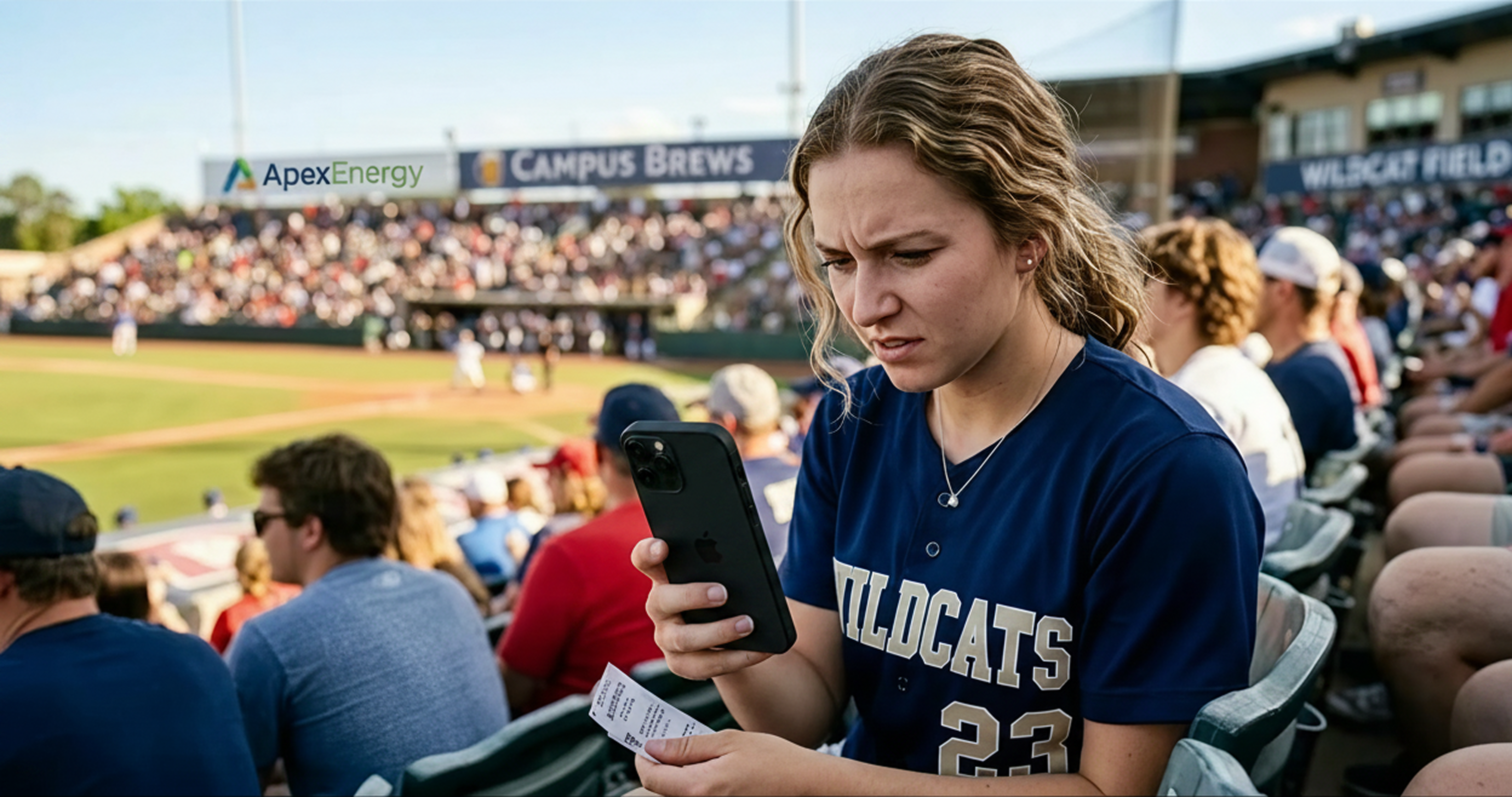 A close-up, photorealistic image of a young woman at a baseball stadium, viewed from a slightly high angle. She looks down at her smartphone with a furrowed brow, a look of concentration mixed with frustration. Her phone screen is visible, showing a cluttered grid of generic app icons. The stadium background, filled with spectators and generic sponsor banners, is softly out of focus. The bright daytime lighting highlights her focused expression, capturing a moment of digital friction amidst the excitement of a live sporting event.