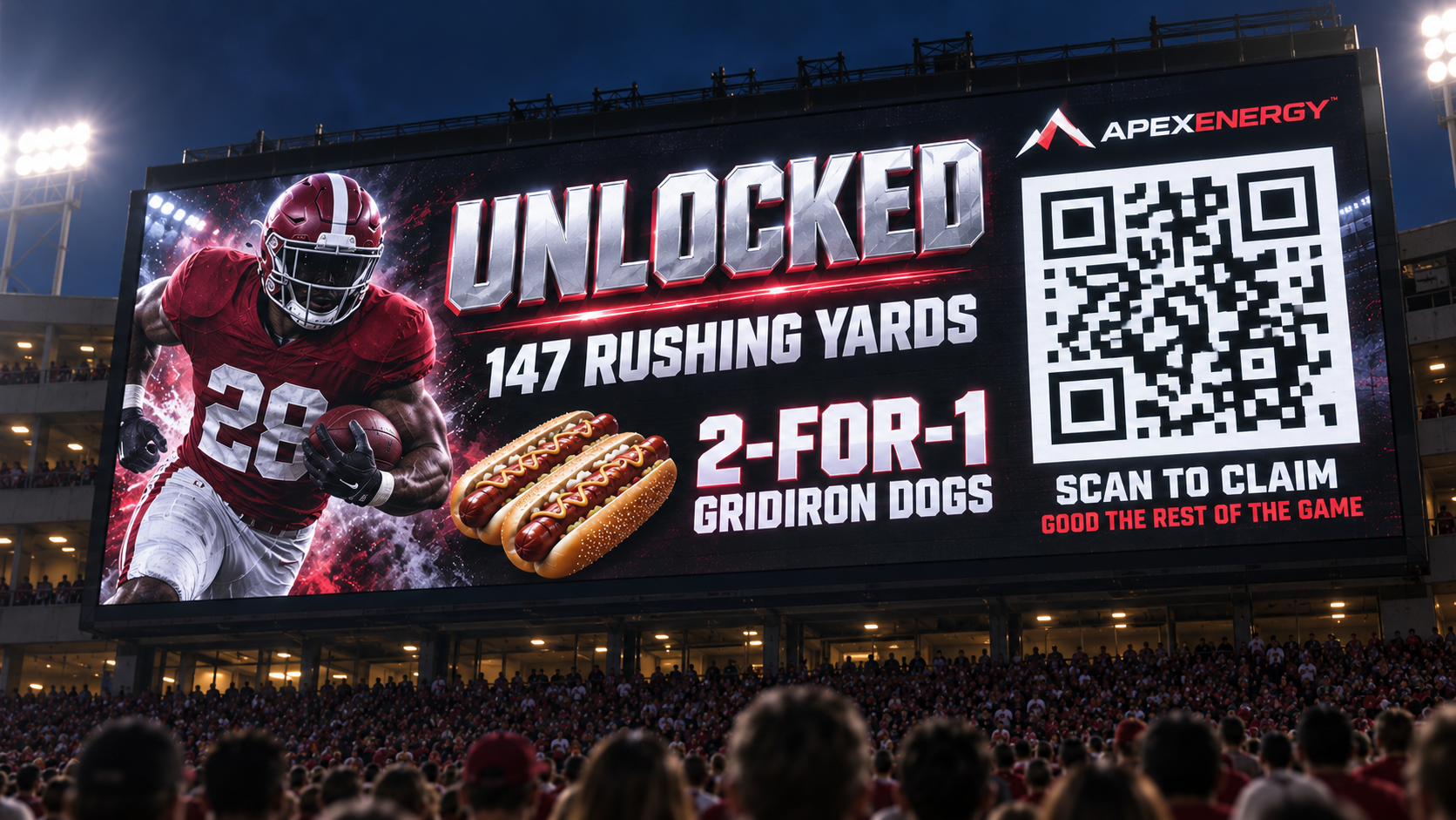 A low-angle view of a large college football stadium videoboard at dusk, rising above a packed crowd seen from behind. The board shows a sponsor-triggered promotional unlock: a running back in a crimson uniform at the left, the word UNLOCKED in sculpted three-dimensional lettering, a line reading 147 rushing yards, an offer of 2-for-1 Gridiron Dogs beside two hot dogs, and at the right a large QR code beneath an ApexEnergy logo with the instruction to scan to claim, good the rest of the game. It illustrates a promotion released automatically when a live rushing-yards threshold was reached during the game.