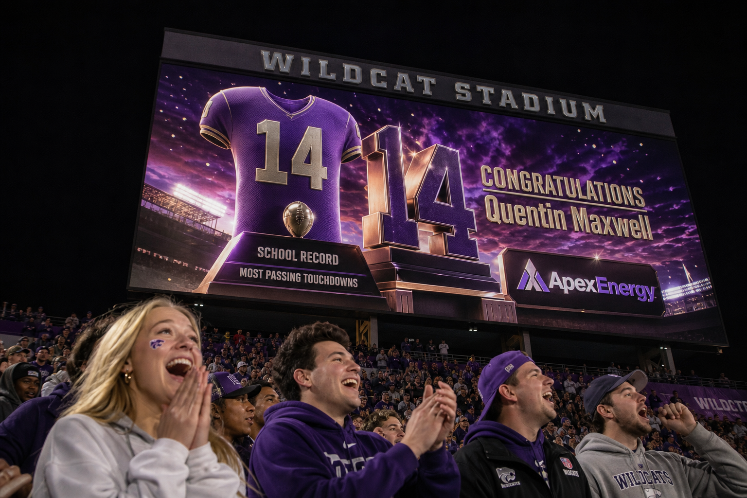 A low-angle, cinematic photograph of a massive videoboard in a crowded college football stadium at night. The screen displays a dimensional, real-time-rendered 3D graphic celebrating a player milestone, with glossy extruded typography, dynamic purple lighting, and a fictional sponsor badge -- showcasing genuine real-time 3D rendering rather than a flat static graphic. In the foreground, cheering fans are illuminated by the screen's glow, capturing a moment of shared excitement in modern in-venue fan engagement.