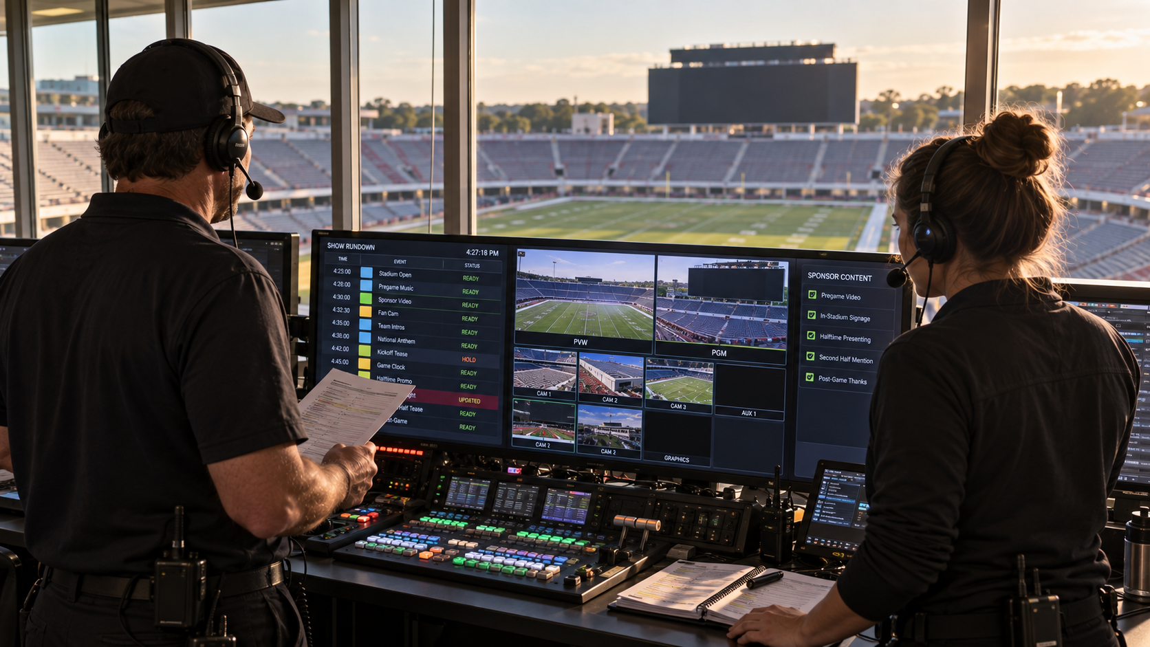 A wide view inside a college stadium control room in late-afternoon daylight, shot from behind two staff members wearing headsets at a production console. The main monitor shows a show rundown: a timed list of cues including stadium open, pregame music, sponsor video, fan cam, team intros, national anthem and kickoff tease, each marked ready, hold or updated, beside a bank of camera preview and program feeds. A panel at the right lists sponsor content commitments, each with a check mark. Through the window the empty bowl and a darkened videoboard are visible before doors open, illustrating the scripting work that happens before a game rather than during it.